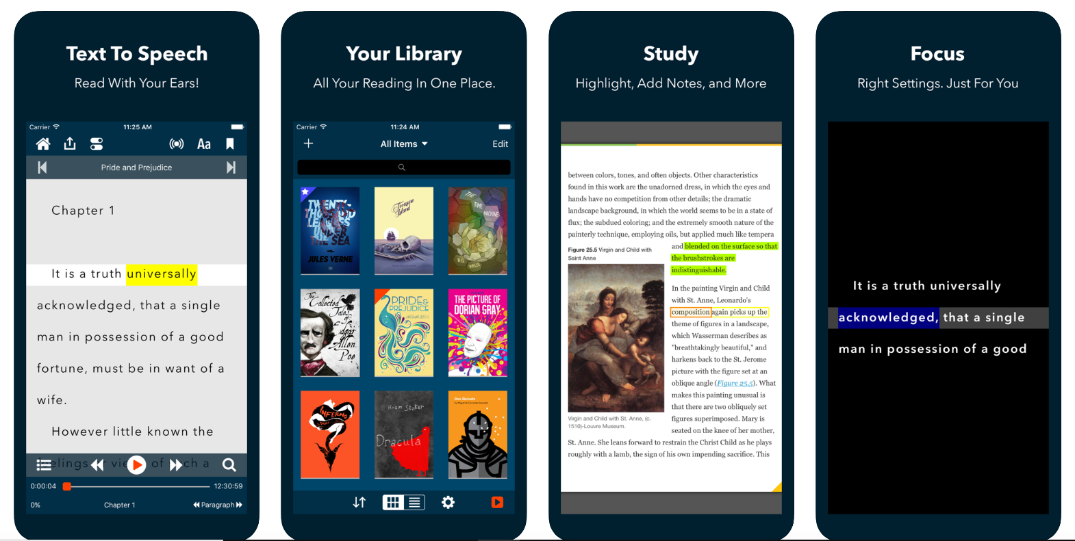 Voice Dream Reader app features, text to speech, library, study and focus.